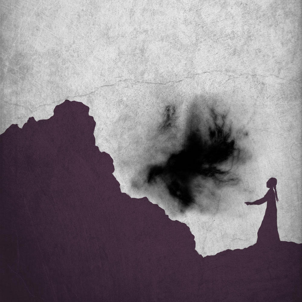 Symbol-/Coverbild für Nahilams Erbe 1: Ein Mädchen mit Zopf und langem Kleid steht an einem Felsen. Alles ist als Silhouette einfarbig lila gestaltet. Vor dem Mädchen ist eine schwarze Wolke zu sehen.