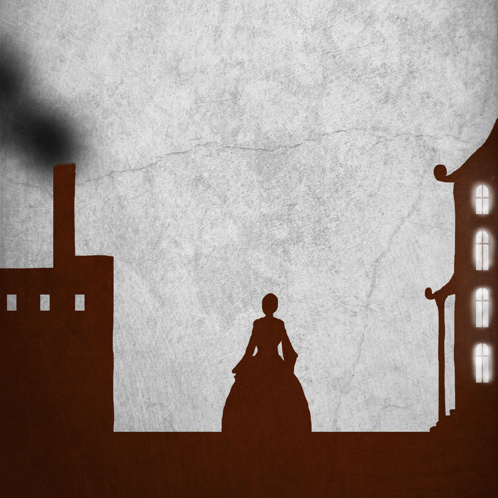 Symbol-/Coverbild für Nahilams Erbe 2: Ein Mädchen mit einem ausladenden Kleid steht, wieder als Silhouette, diesmal in dunkelrot, zwischen einer Art Fabrik, aus dessen Schornstein schwarzer Rauch strömt, und einem eleganten Gebäude mit erleuchteten Fenstern.