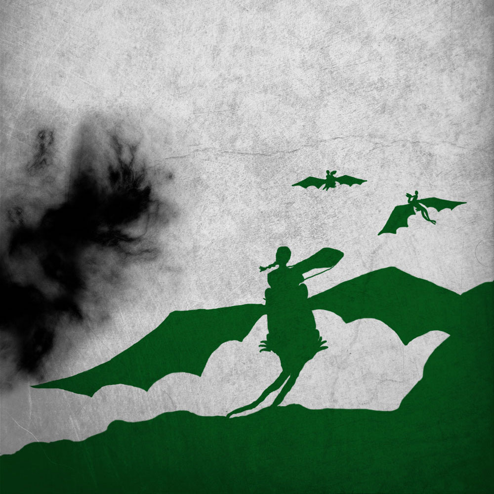 Symbol-/Coverbild für Nahilams Erbe 3: Ein Mädchen sitzt mit wehendem Zopf auf einem Drachen mit gegabeltem Schwanz. Im Hintergrund sind weitere Menschen auf Drachen zu sehen. Die Silhouetten sind diesmal dunkelgrün. Neben dem Mädchen ist wieder eine schwarze Wolke zu sehen.