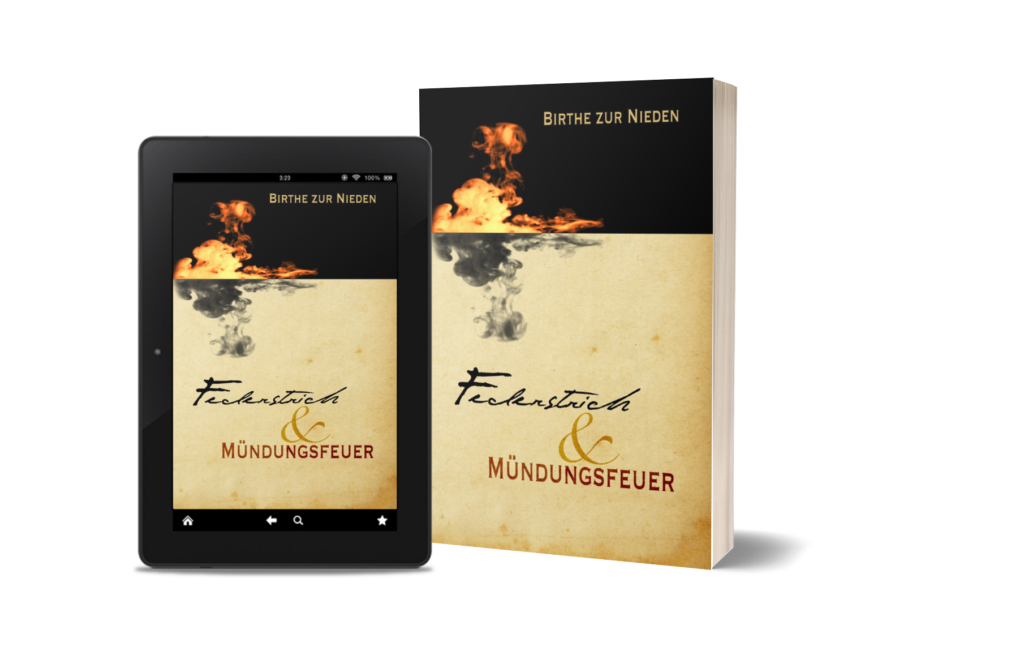 Druckbuch und Epub von "Federstrich und Mündungsfeuer" auf einem E-Reader nebeneinander