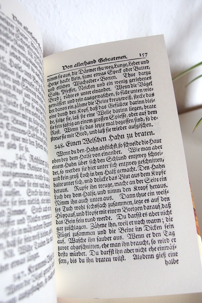 In Fraktur gedruckte Seite aus "Leipziger Kochbuch von 1745". Unter der Hauptüberschrift "Von allerhand Gebratenem" sieht man das Rezept Nr. 348 "Einen Welschen Hahn zu braten".