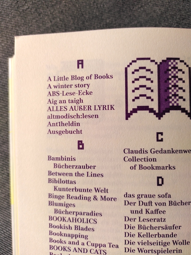Ausschnitt aus dem Buch "Die Wunderkammer des Lesens". Blognamen sind alphabetisch angeordnet, unter A sieht man unter anderem "Alles außer Lyrik".