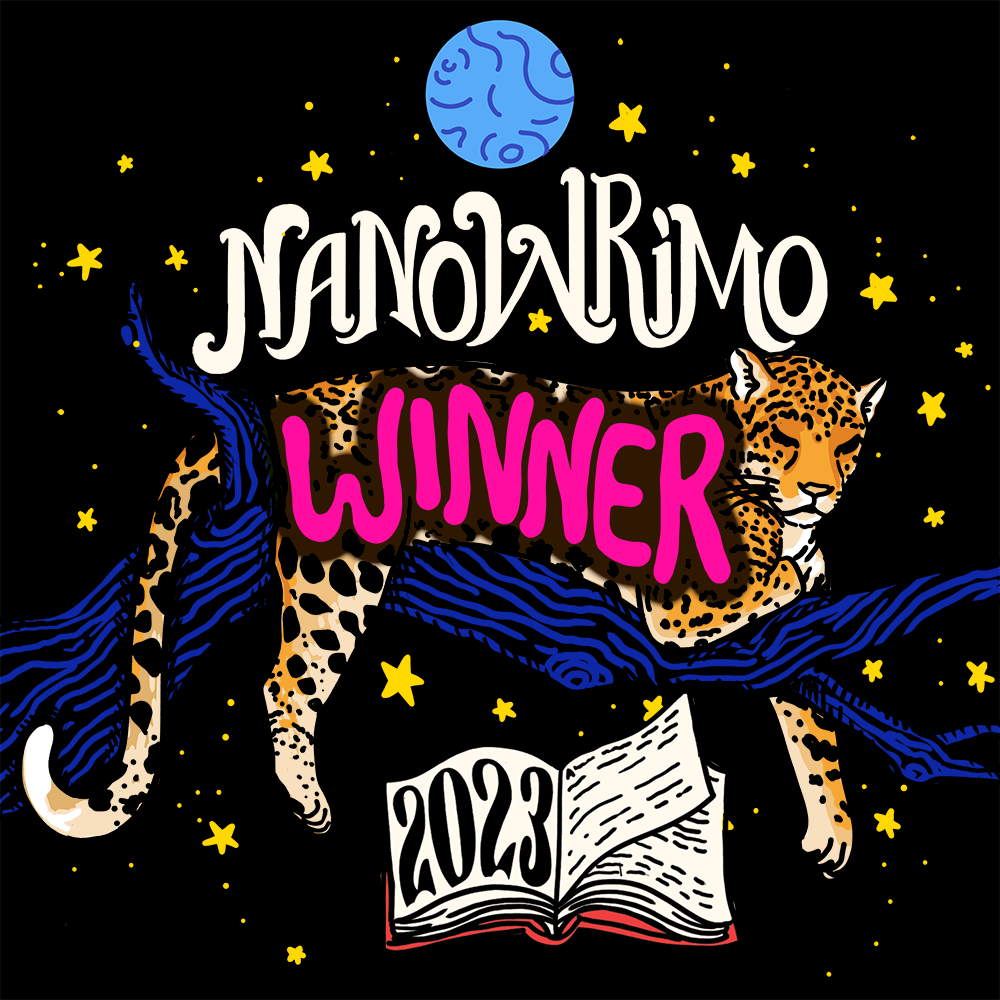 Logo mit der Aufschrift: NaNoWriMo Winner 2023. Ein Leopard liegt auf einem Ast vor dunklem Sternenhimmel-Hintergrund. Die 2023 steht auf der Seite eines aufgeschlagenen Buches.